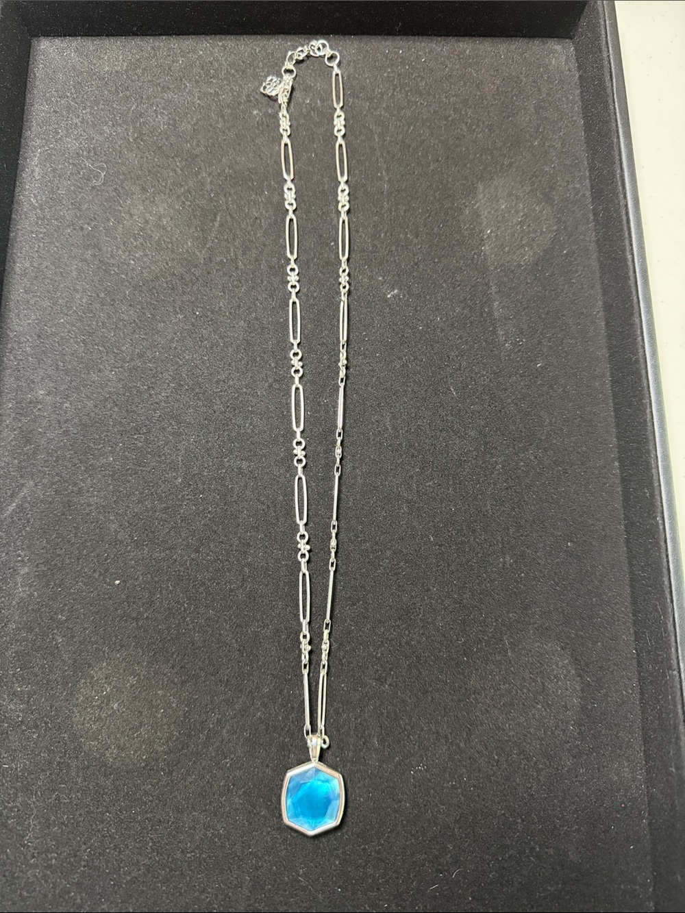 Kendra Scott Silver Necklace with Blue Hexagon Pendant